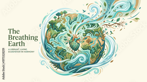 The Breathing Earth Heart Concept Poster Template, Living Ecosystem and Earth Day Environment Vector