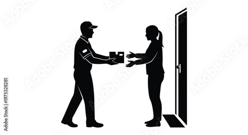 A delivery person hands a package to a woman at her doorstep depicted in a striking black silhouette high quality professional