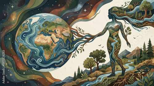 Mother Nature and Earth Day Conservation Concept, Gaia Goddess Silhouette Connected to Planet Globe Vector