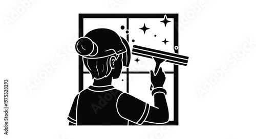 A window cleaner uses a squeegee to wash a multi paned window depicted in stark black silhouette high quality professional detailed modern