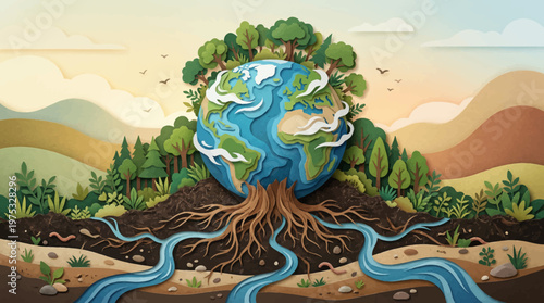 Planet Earth Conservation and Soil Health Concept, 3D Paper Cut Globe with Tree Roots Cross Section Vector
