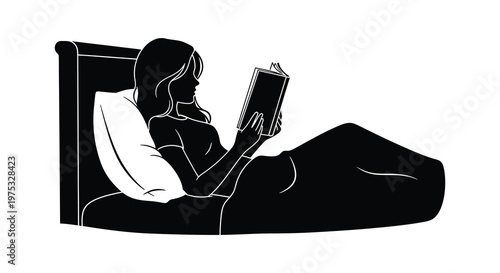 A woman relaxes in bed propped up against pillows while reading a book depicted as a striking silhouette high quality professional