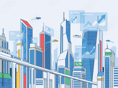 Modern City Skyline with Skyscrapers and Transit.