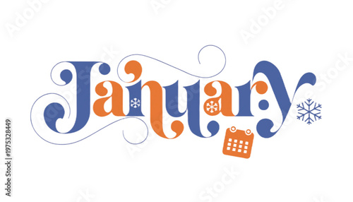 january typography with winter snowflakes