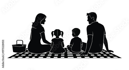 A family enjoys a peaceful picnic outdoors seated on a blanket with a basket nearby a striking silhouette high quality