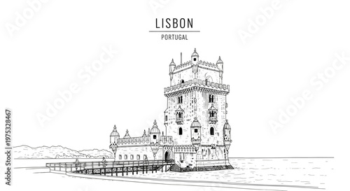 Black and white line drawing of Belém Tower in Lisbon Portugal over water