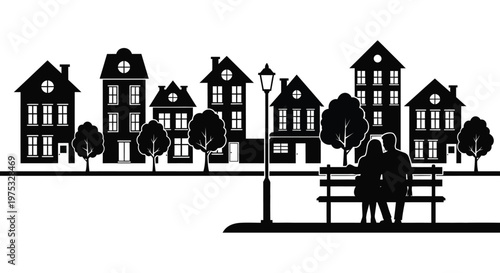 A romantic scene depicts a couple on a bench with a quaint cityscape rendered in striking black silhouette high quality professional