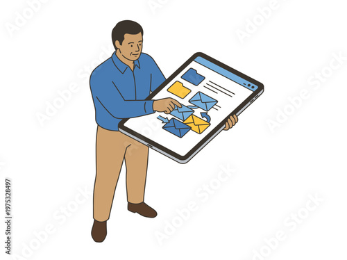 Businessman Analyzing Data on Large Tablet Device.
