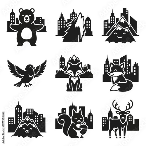 Cute Animals and City Skyline Icons: Bear, Wolf, Fox, Bird, Deer, Squirrel
