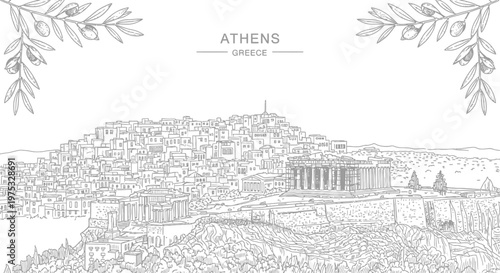 Fotografie Black and white line drawing of Athens cityscape with the Acropolis and olive br