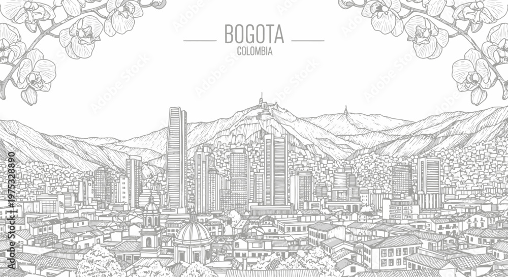 Obraz premium Black and white line drawing of Bogotá cityscape with mountains and orchids