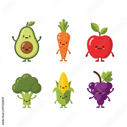 Cute Kawaii Fruits and Vegetables Characters: Avocado, Carrot, Apple, Broccoli, Corn, Grapes