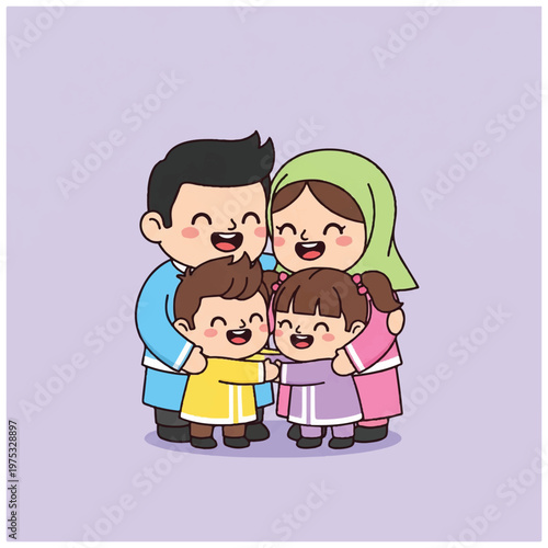 Happy Muslim Family Of Four Together.