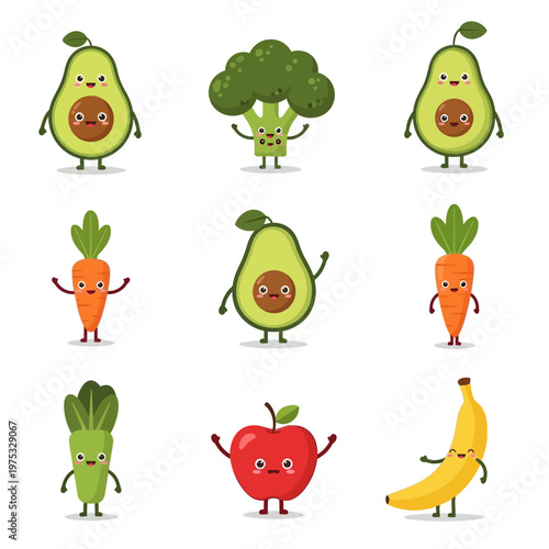 Cute Kawaii Vegetables and Fruits with Faces: Avocado, Broccoli, Carrot, Apple, Banana