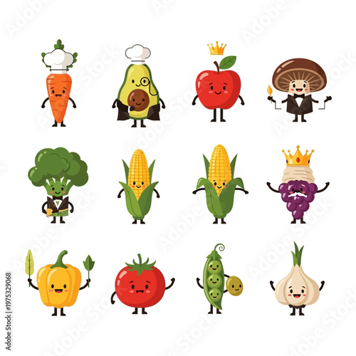 Cute Kawaii Vegetables and Fruits Characters Set with Funny Faces