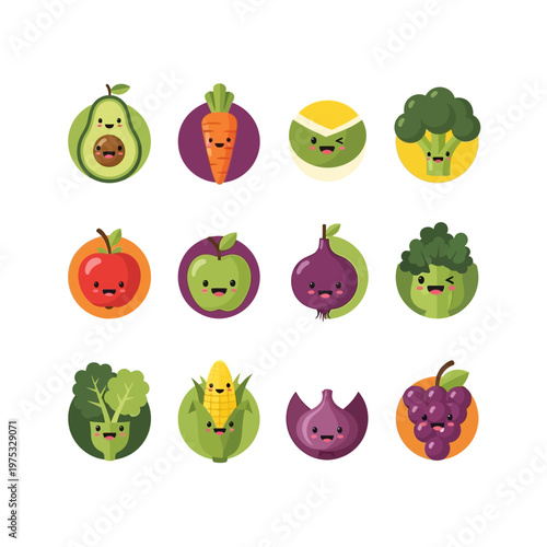 Cute Kawaii Vegetables and Fruits Collection, Healthy Food Icons