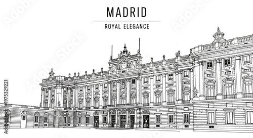 Black and white line drawing of Madrids Royal Palace facade with text above