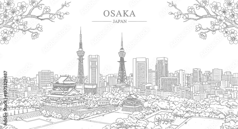 Obraz premium Black and white line drawing of Osaka cityscape featuring Osaka Castle towers and cherry blossoms