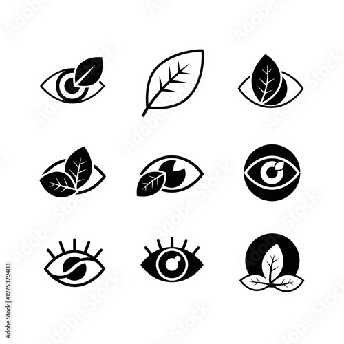 Eye and Leaf Icons Set: Nature Vision, Organic Sight, Eco Awareness, Health Eye Care