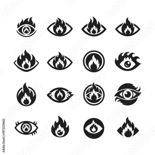 Fiery Eye Icons Set - Black and White Symbols for Vision, Insight, and Danger