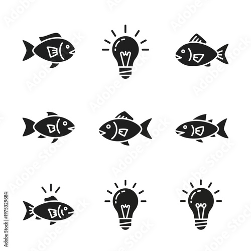 Fish and Lightbulb Icons: Idea, Innovation, and Creative Thinking