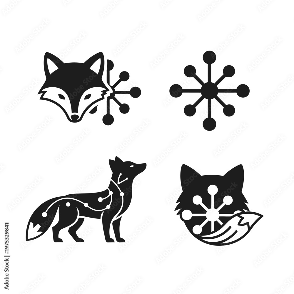Fototapeta premium Geometric Fox Icons and Snowflake Symbol Set