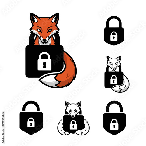Fox With Padlock Icon Set - Security and Protection Concept