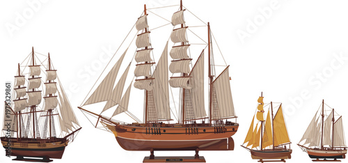 Classic sailing ships collection detailed wooden maritime vessels vintage nautical transport boats isolated vector illustration set