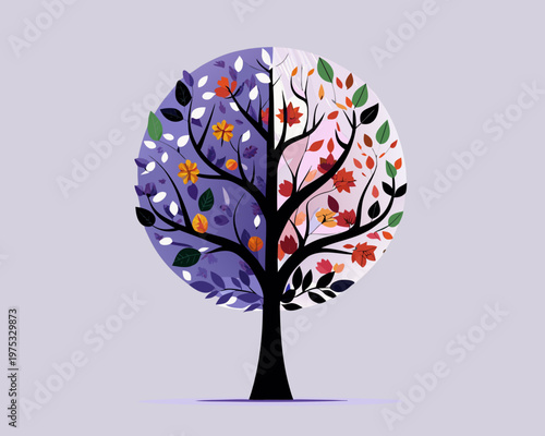 A stylized tree divided into seasonal color palettes representing change