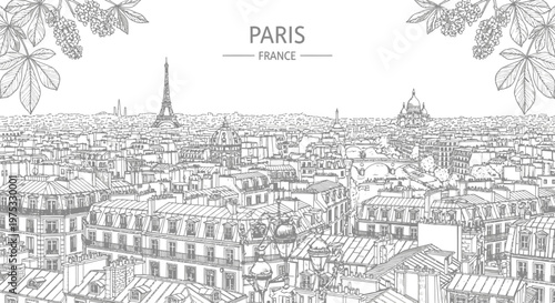 Black and white line drawing of Parisian rooftops featuring the Eiffel Tower and SacréCœur Basilica