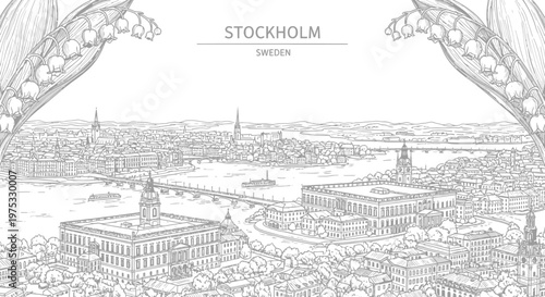 Black and white line drawing of Stockholm cityscape with lily of the valley framing