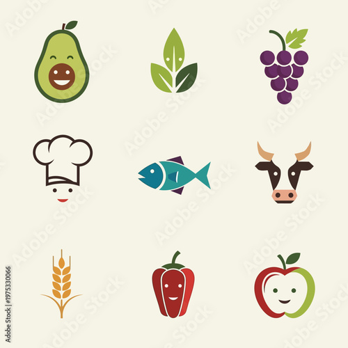 Healthy Food Icons: Avocado, Grapes, Fish, Cow, Bell Pepper, Apple, Wheat, Chef Hat