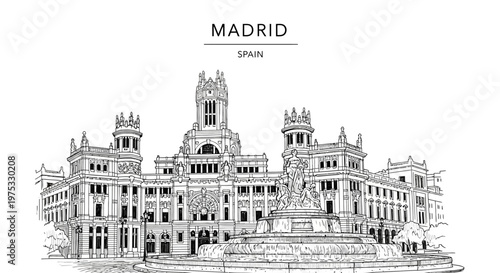 Black and white line drawing of the Cybele Palace and fountain in Madrid
