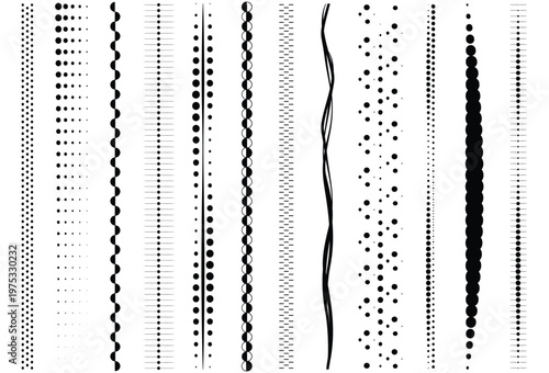 Collection of ornamental vector patterns and swatches. White and black geometric oriental backgrounds. Minimal Black vertical dotted lines abstract background, futuristic tech grid pattern