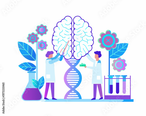 Scientists cultivating a brain with dna and floral growth imagery