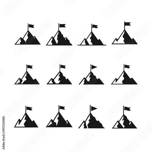 Mountain Peak Summit Success Flag Icon Set - Silhouette Vector
