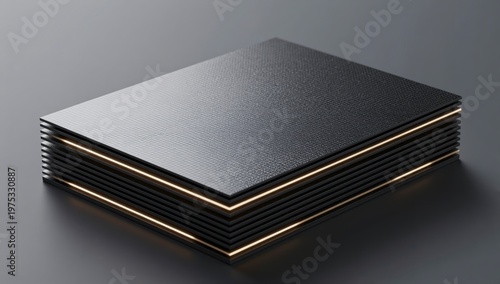 Stack of textured dark gray composite material plates with glowing orange light edges on a minimalist gray background