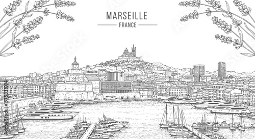 Black and white line drawing of the Marseille skyline overlooking a busy harbor with yachts