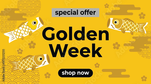 Japanese Golden Week Sale Banner Template with Golden Carp Streamers and Traditional Patterns for Ecommerce Promotion