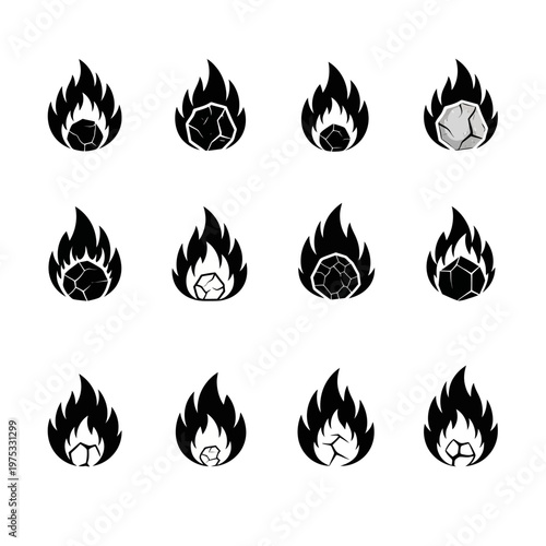 Set of Fire Icons with Cracking Stone Inside