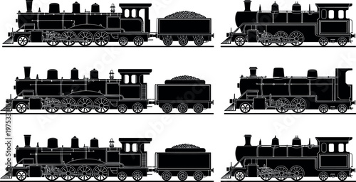 Classic Steam Locomotive and Coal Tender Collection with Detailed Railway Engine Silhouettes Vintage Transport Vector Illustration Set