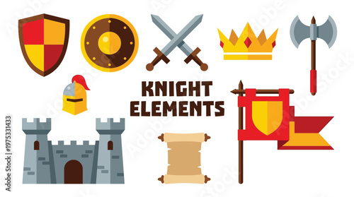 Medieval Knight Elements Icon Set with Sword Shield Castle Crown Axe and Banner Vector Illustration for Game Design