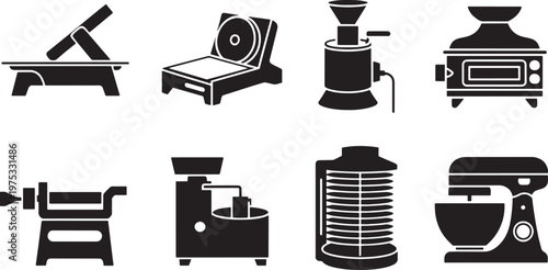 Collection of diverse kitchen appliance silhouette illustrations and cooking equipment icons