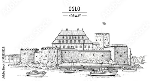 Black and white sketch of Akershus Fortress in Oslo Norway with boats on the water