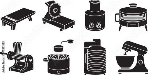 Collection of kitchen appliance silhouettes including mixer, juicer, and food processor