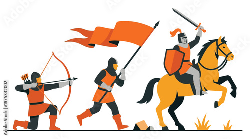 Medieval Knight on Horse Archer and Banner Bearer Flat Vector Illustration for History and Game Design