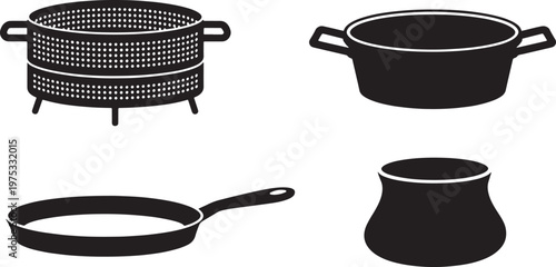 Collection of Kitchen Cookware Vector Icons Including Cooking Pots a Frying Pan and Coffee Cezv