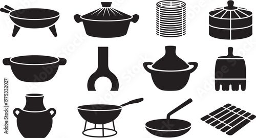 Collection of Kitchenware and Traditional Cooking Vessel Silhouettes for Culinary Graphic Arts