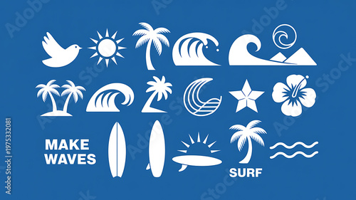 A collection of white beach icons on a blue background