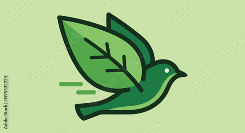 Green bird flying with leaf.
